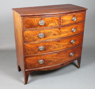 A late George III mahogany bow fronted chest of 2 short above 3 graduated long drawers, raised on splayed feet 41"h x 40.5"w x  21"d