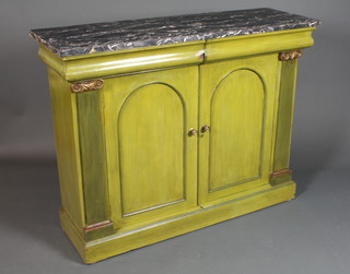 An early Victorian green painted chiffonier having faux marble  top above 2 frieze drawers and 2 fielded cupboard doors  enclosing 2 shelves and flanked by plain pilasters , plinth base,  37"h x 48"w x 16"d