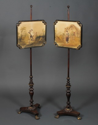 In the manner of Gillows, a pair of good Regency mahogany and beechwood pole screens, gilt metal mounted, the rectangular  screen with re-entrant scrolled corners and inset watercolour  studies of pastoral figures amongst rural landscapes, signed H  Harding 1813, raised on inverted baluster turned columns and  triform bases with brass claw feet 58"h x 16"w   ILLUSTRATED