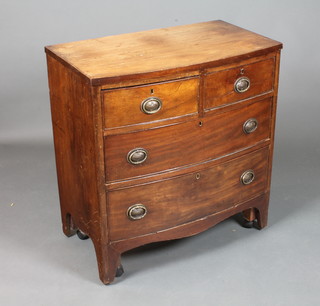 A George III mahogany bow fronted chest of small proportions, fitted 2 short and above 2 graduated long drawers on shaped  plinth 32"h x 30"w x 18"d