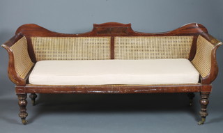 A Victorian mahogany scroll end settee, having caned back, arms and seat, fitted loose swab cushions, raised on baluster turned  tapered legs with brass caps and casters, 81"l x 26"d