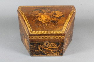 A Victorian Tunbridge ware correspondence box, the hinged top  centred with a bouquet of roses with geometric banded reserves  and enclosing a compartmentalised silk lined and papered interior  with a foliate band below 5.25"h x 8.25"w x 5.5"d   ILLUSTRATED