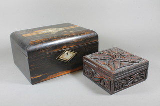 A Victorian coromandel wood work box, the hinged top centred  with an abalone shell lozenge 6.5"h x 12"w x 9"d and 1 other  relief carved hardwood box