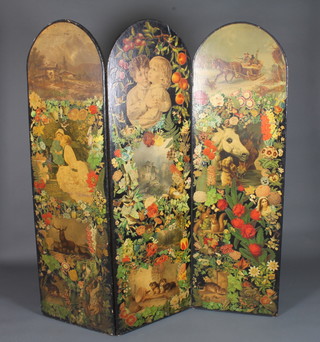 A Victorian 3 fold room screen decorated a collage of prints 67"h x 63"w