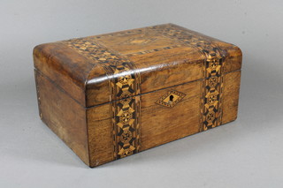 A mid Victorian walnut work box with geometric parquetry  banded decoration with hinged top, lacking interior, 5.5"h x  11"w x 7.5"d