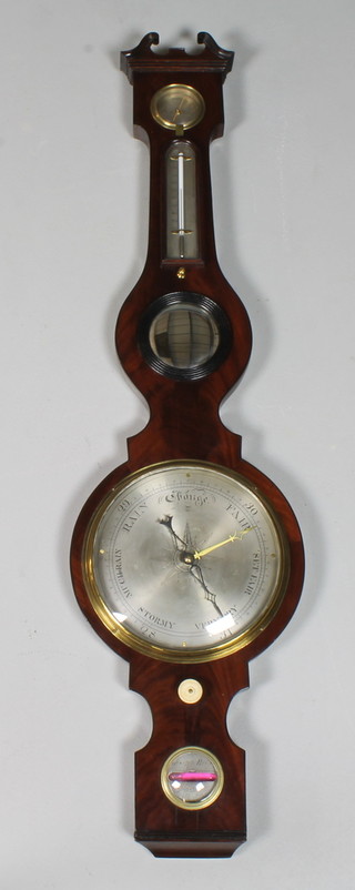Joseph Riva of Glasgow, a late George III mahogany wheel barometer with broken swan neck pediment with dry/damp dial  and mercury thermometer, having an Arabic silvered calibrated  dial with bubble level below, 40"h x 10.5"w