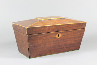 A late George III mahogany sarcophagus tea caddy, box wood  line inlaid, the hinged top enclosing 3 divisions, lacking canisters  and bowl 6"h x 11"w x 6"d