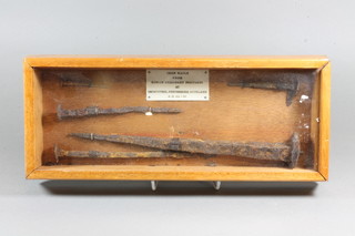 A collection of 5 iron nails from Legionary Fortress at Inchtuthil Perthshire, contained a mahogany case