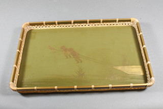 A Japanese green lacquered twin handled tray decorated figures 14" x 9"