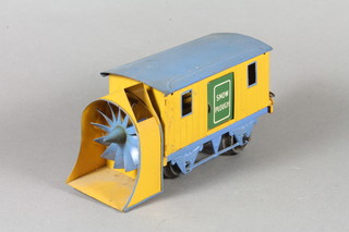 A Hornby "O" gauge snow plough van with yellow and pale blue  livery, 7.5"l,