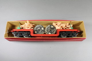 A Hornby "O" gauge trolley wagon with 2 cable drums, No.  RS712 in red and green livery, together with Liverpool cable  reels, boxed 14.5"l