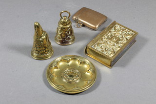 A brass vesta case, a rectangular brass match box in the form of a book, 2 brass candle snuffers and a circular brass dish 2.5"