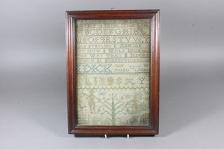 A George III needlework sampler with alphabet and figures by a  tree, the top marked This is for Trick Stick 1761, by I Dick Aged  12 1761, 12" x 8"