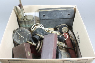 2 glass and brass oil drip feeders, a speedometer marked AC, 1-60, an Air Ministry issue aircraft beam approach indicator, a Schrader balloon tyre gauge and other curios etc