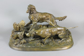 After Pierre Jules Mene, a bronze animalier group, a study of a retriever and English pointer discovering a pheasant in  undergrowth, 8.5"h x 15"w x 8"d  ILLUSTRATED