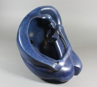 Philippe Jamin, French, contemporary, "Couple Ovoide", a blue patinated bronze figural group. Signed, 9"h,   ILLUSTRATED