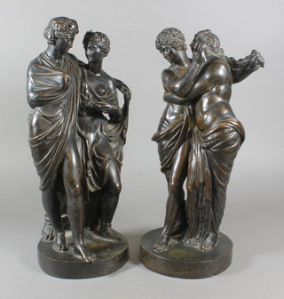 Francesco Righetti, Italian, 1749-1819. A pair of late 18th Century bronze figural groups of gallants and companions, in the  classical taste, wearing diaphanous robes, signed and dated F  RIGHETTI, ROME 1790, 13.5"h  ILLUSTRATED  FRONT COVER