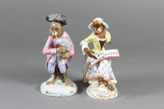 A "Meissen" porcelain figure of a female monkey musician with score, the base with crossed swords mark, f, 5" and a porcelain  figure of a monkey bag piper, the base marked R, 5"