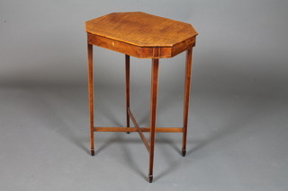A late George III fiddle back mahogany octagonal table, formerly  a work table, satinwood crossbanded and boxwood line inlaid,  raised on square tapered collared legs united by X stretcher, 28"h  x 20"w x 15"d