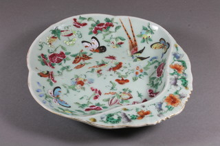A famille vert porcelain shaped dish decorated butterflies 10"