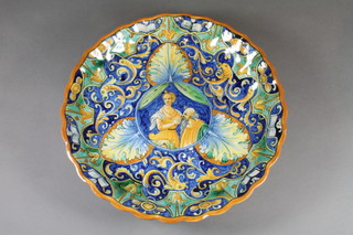 An 18th Century Maiolica pedestal bowl decorated a  figure of standing lady and gentleman 12"