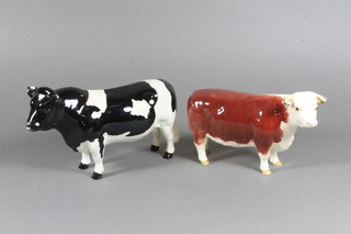A Beswick standing Herefordshire cow 4.5" - chip to ear and a  do. Champion Fresian Bull - chip to ear 5"