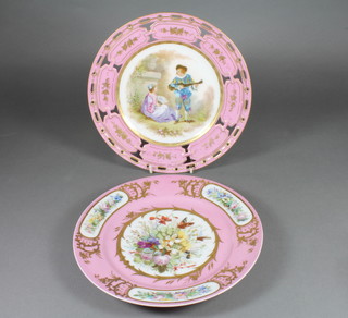 2 Sevres porcelain plates with puce banding and floral decoration 9"