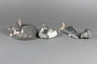 A Royal Copenhagen figure of a curled sleeping kitten, base marked 1025/412 5", do. figure of a duck the base marked 1924  4", do. fish 4" and a mouse - tail f,