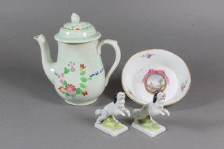 An 18th Century style porcelain coffee pot with floral decoration 5", an 18th Century saucer decorated landscape with building 5"  and 2 porcelain figures of dogs 2.5"