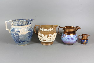 A 19th Century lustre jug 3", 1 other 5", a Turnerware style jug decorated griffins and cherubs 5" and a 19th Century blue and  white transfer decorated jug, the base marked Hollywell Cottage  Caven 7" - f,
