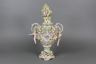 A 20th Century Sitzendorf hard paste porcelain pot pouri decorated gallant and companions, some damage 12"