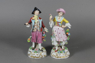 A pair of early 20th Century Sitzendorf porcelain figural studies  of gallant and companion 6"