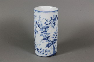 A Chinese blue and white cylindrical porcelain vase with floral decoration 6"
