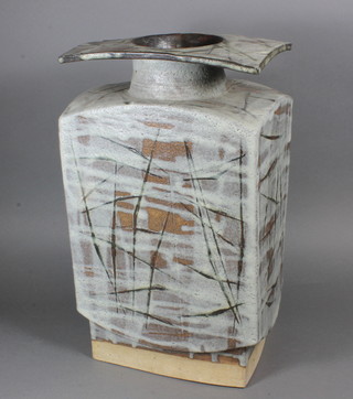 In the manner of Bernard Leach, a rectangular Art Pottery vase  with square rim 16"h  ILLUSTRATED