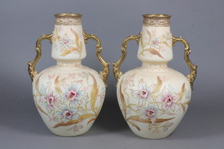 A pair of Royal Chelsea Worcester style twin handled vases 10"