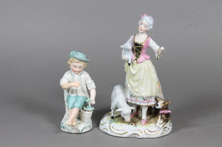 A porcelain figure of a standing shepherdess 7" and 1 other of a  seated boy, both f,