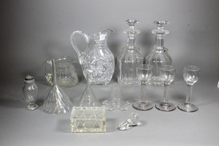 A pair of 19th Century panel cut decanters and stoppers 10", 2  cut glass jugs, 3 antique ale glasses and a small collection of  glassware