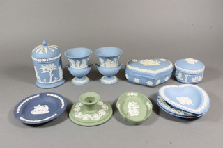 A Wedgwood blue Jasperware cylindrical jar and cover 4" and a collection of other Jasperware items