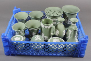 A Wedgwood green Jasperware bell shaped vase 5", a waisted  vase 5" and a collection of other Wedgwood items