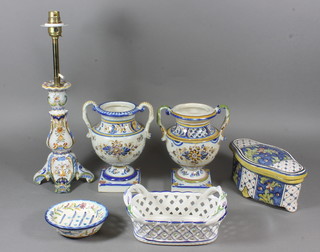 A Quimper candlestick converted to a table lamp 10", a pair of twin handled urns 8" and other decorative items