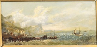 S Walker, 19th Century British School, oil on board, a study of fishing launches off a rocky coastline, signed and dated 1889  6.25"h x 13.25"w