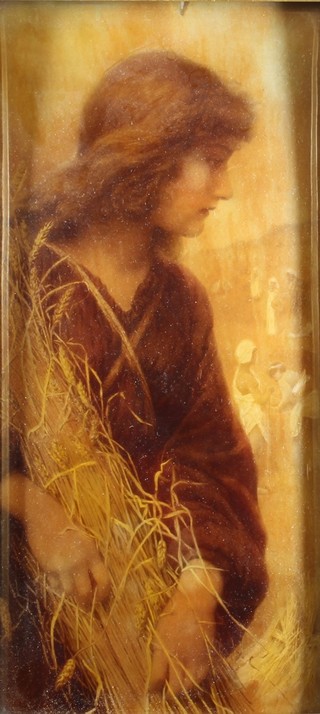 After Henry Ryland, a christoleum print "Ruth", study of figures at harvest 10"h x 4.5"w, within an acanthus leaf carved gilt wood frame