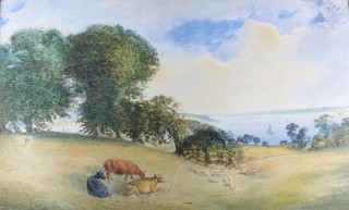 L Smart, British 20th Century School, watercolour on paper, rural landscape with lake in the distance and cattle in the  foreground, signed and dated '68, 16.5"h x 27.25"w