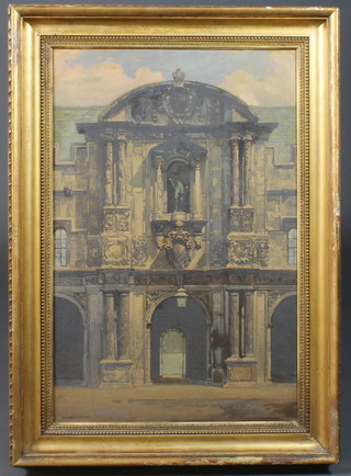 William Dacres Adams, British 1864-1951, oil on canvas, an architectural study of a neo classical colonnade and entrance, signed, 29.25"h x 19"w