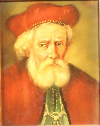 20th Century School, oil on wooden panel, head and shoulder  portrait of a Cardinal sitting to sinister in ceremonial robes within  a 19th Century style frame, unsigned 9.5"h x 7.5"w