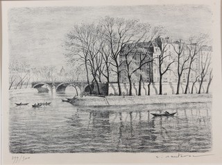 W Sautern, an early 20th Century monochrome print, riverscape  study of the Seine, signed in pencil to margin 6.5"h x 9"w