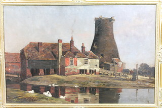 George Poulin? 20th Century French School, oil on canvas, study  of a disused windmill and farmstead with figures and ducks in  foreground, indistinctly signed, 23.25"h x 35.5"w