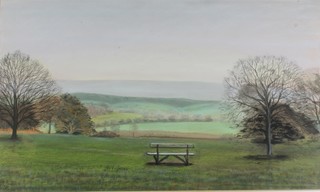 J Stewart, charcoal and pastel on paper "Sundown at Newlands  Corner", a rural park landscape 11.5"h x 19.25"w, signed