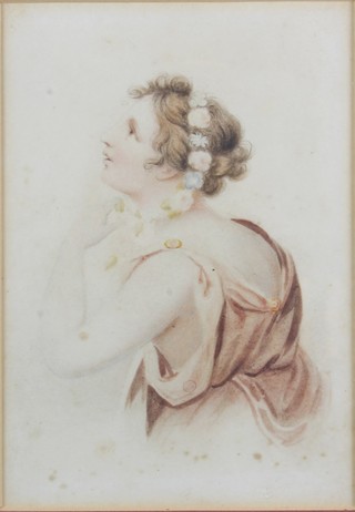 19th Century British School watercolour and pencil on paper, a  head and shoulder profile portrait of a young woman in  Romanesque costume, unsigned, 6"h x 4.25"