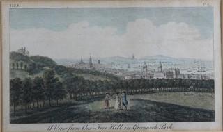 An 18th Century copper plate engraving "A View From One  Tree Hill, Greenwich Park" later coloured in watercolours 4"h x  7"w